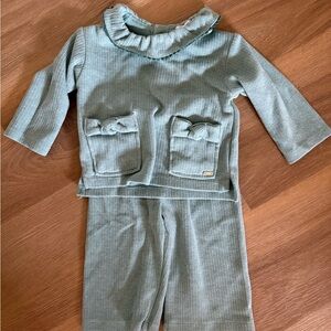 Mayoral Baby Teal Ribbed Sweatsuit Bow Pocket Set 6 Months